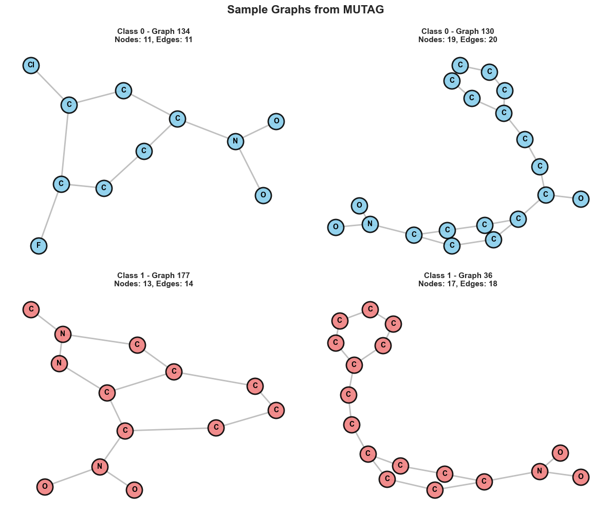 Sample graphs from MUTAG dataset with node labels and edge structures